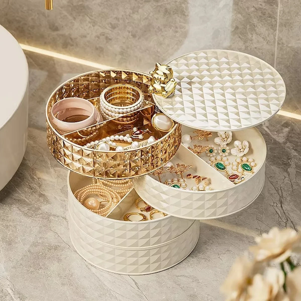 Luxury 360° Rotating Multi-Layer Jewelry Storage Box with Cat Ornament