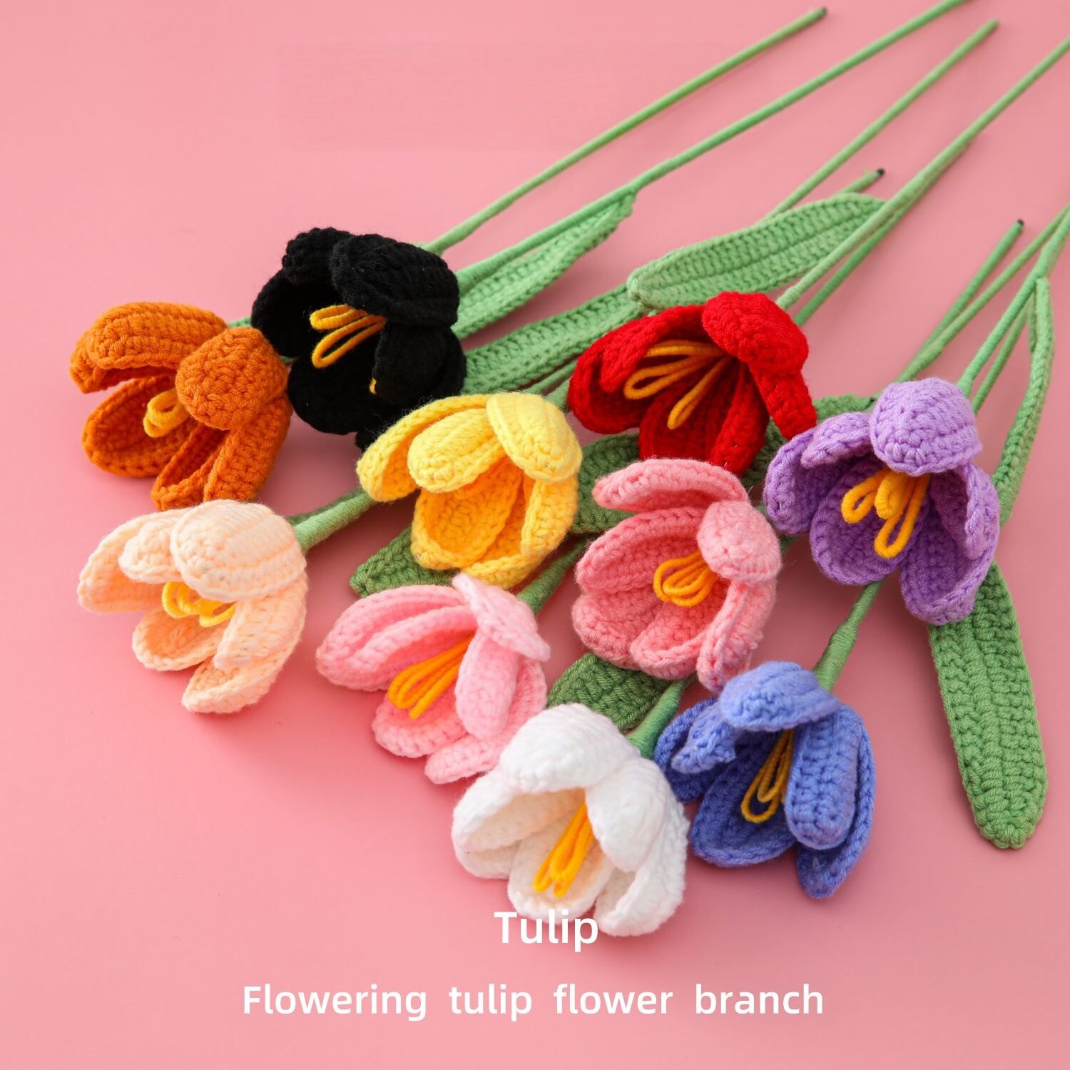 Handmade Crochet Tulip Flower Branch, Knitted Yarn Artificial Single Stem Tulip with Leaves, Forever