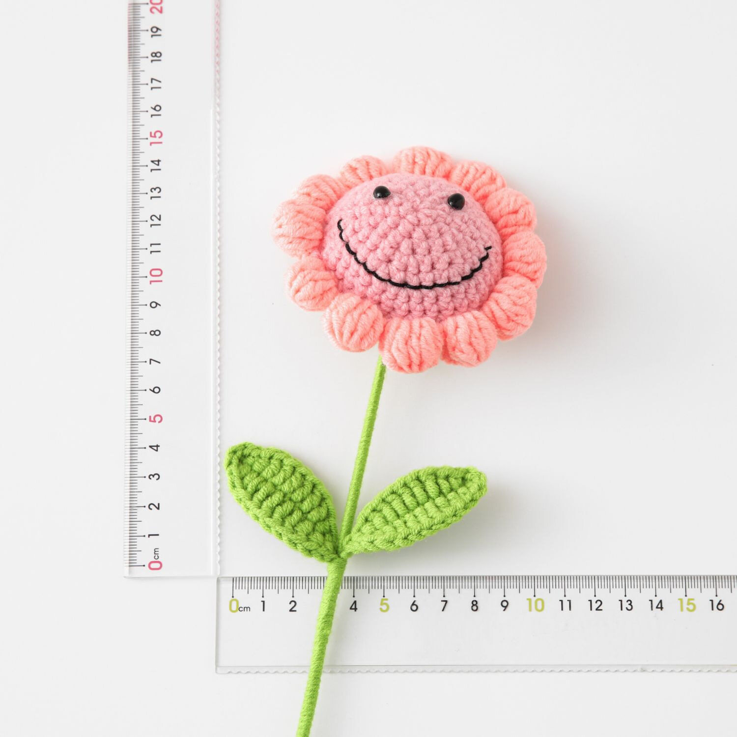 Handmade Crochet Smiling Sunflower, Knitted Yarn Artificial Smiley Sunflower Single Stem with Leaves view 3