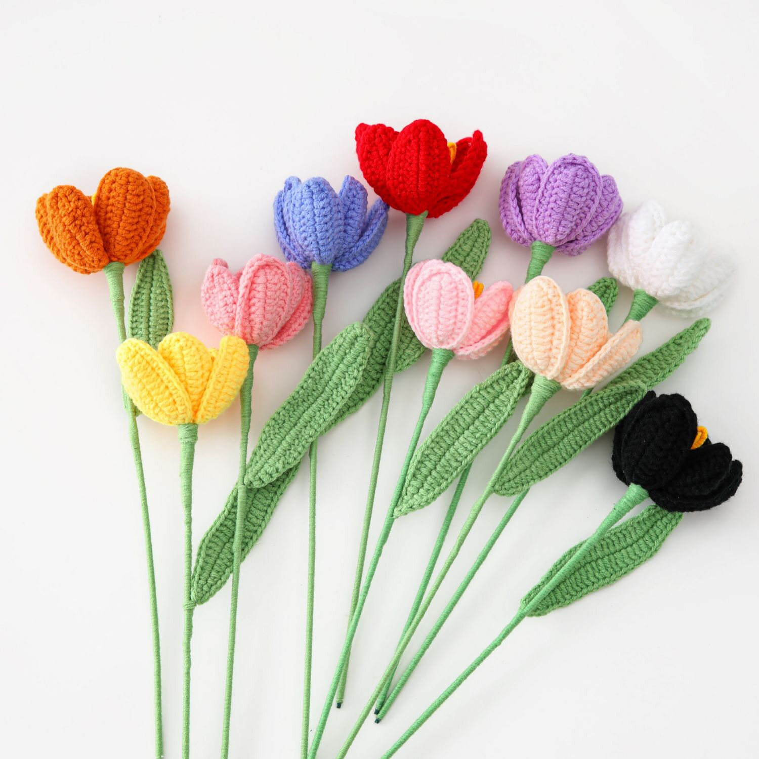 Handmade Crochet Tulip Flower Branch, Knitted Yarn Artificial Single Stem Tulip with Leaves, Forever view 2