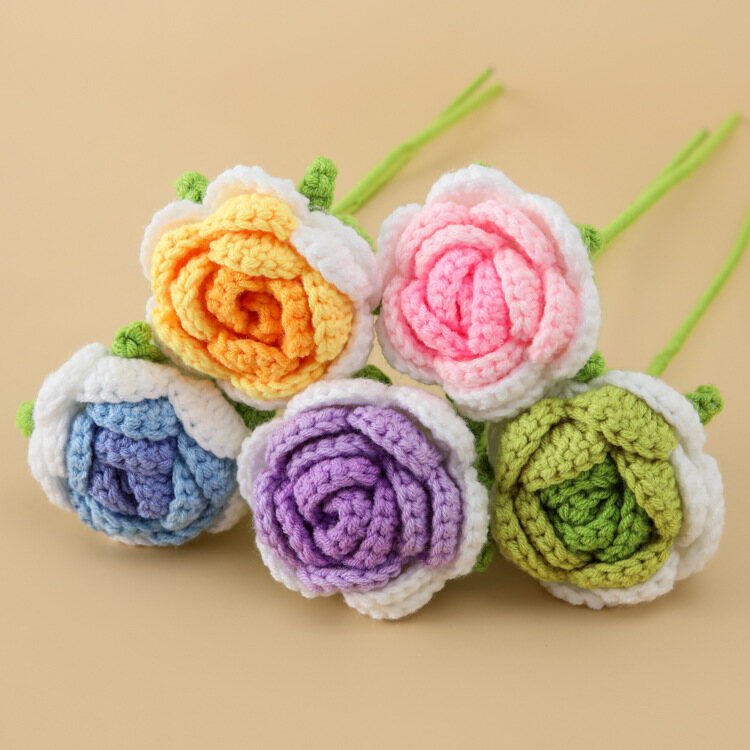 Colorful Hand Knitted Crochet Rose, Handmade Yarn Artificial Rose Flower Stem with Crochet Leaves, F view 2