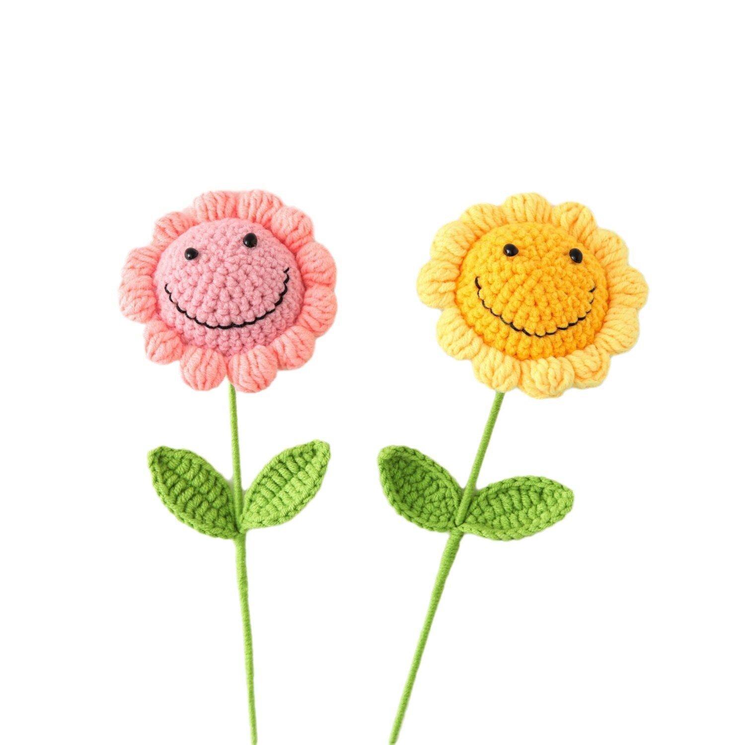 Handmade Crochet Smiling Sunflower, Knitted Yarn Artificial Smiley Sunflower Single Stem with Leaves view 2