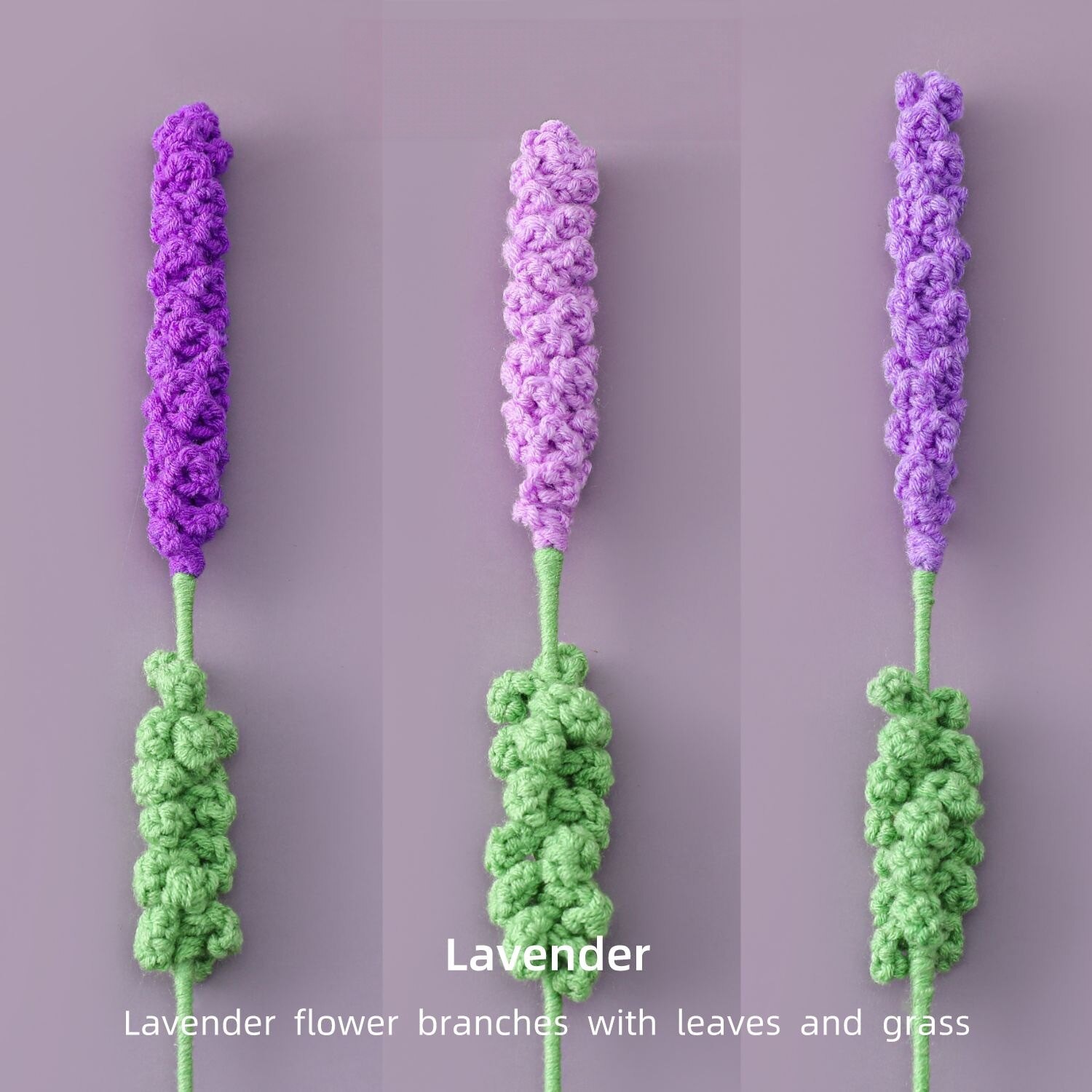 Handmade Crochet Lavender Flower Branch, Knitted Yarn Artificial Lavender Sprig with Leaves, Forever