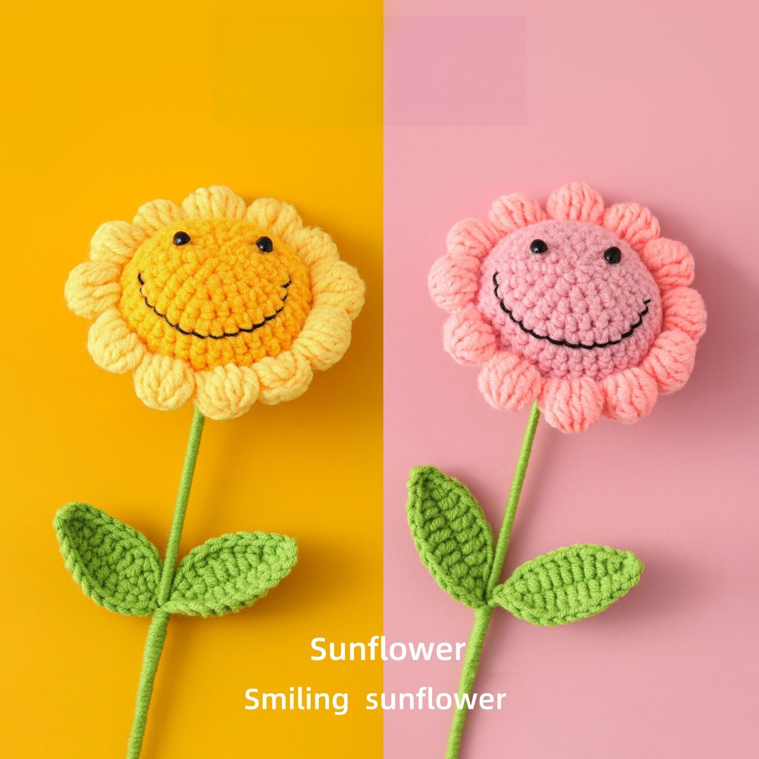 Handmade Crochet Smiling Sunflower, Knitted Yarn Artificial Smiley Sunflower Single Stem with Leaves