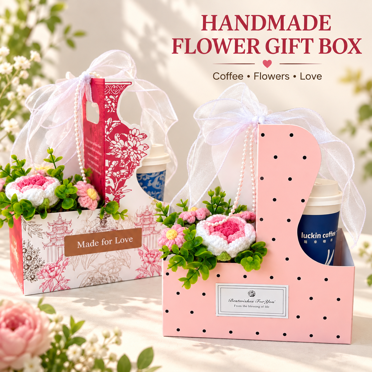 Handmade Crochet Flower Gift Box with Coffee Cup Holder, Artificial Knitted Flower Bouquet Portable
