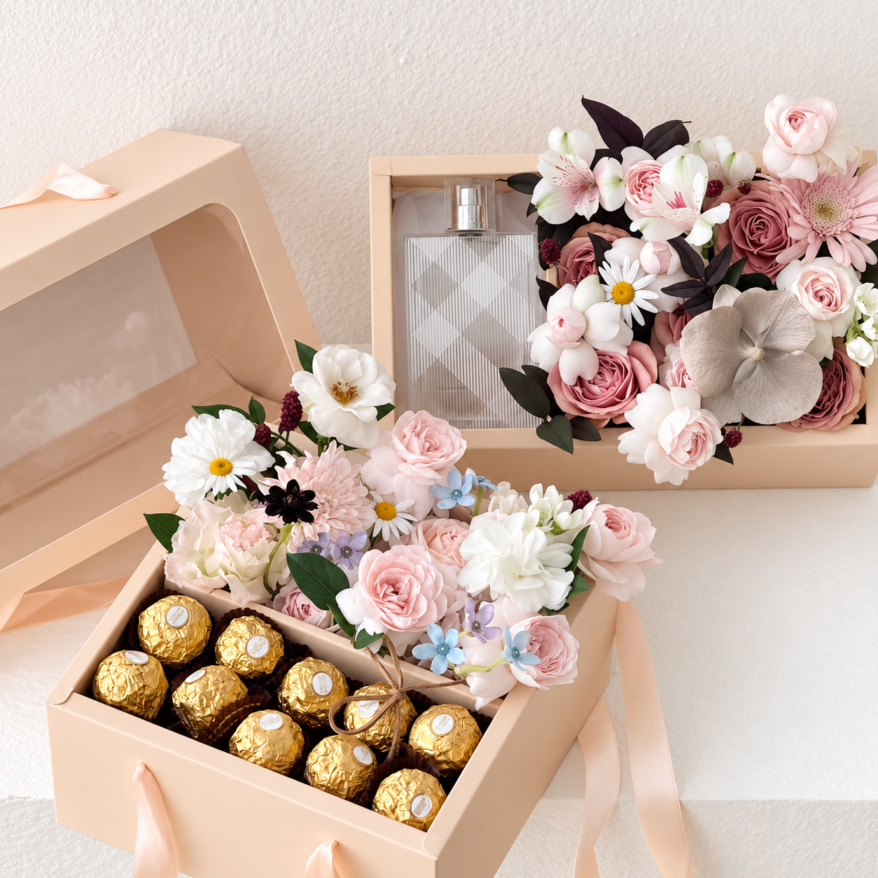Elegant Floral Gift Box Artificial Flower Chocolate Perfume Set Birthday Wedding Gift for Women view 2
