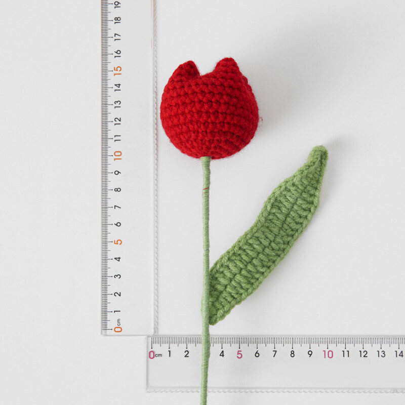 Handmade Crochet Fat Tulip Flower, Knitted Yarn Chubby Tulip Single Stem with Leaves, Forever Fake F view 3
