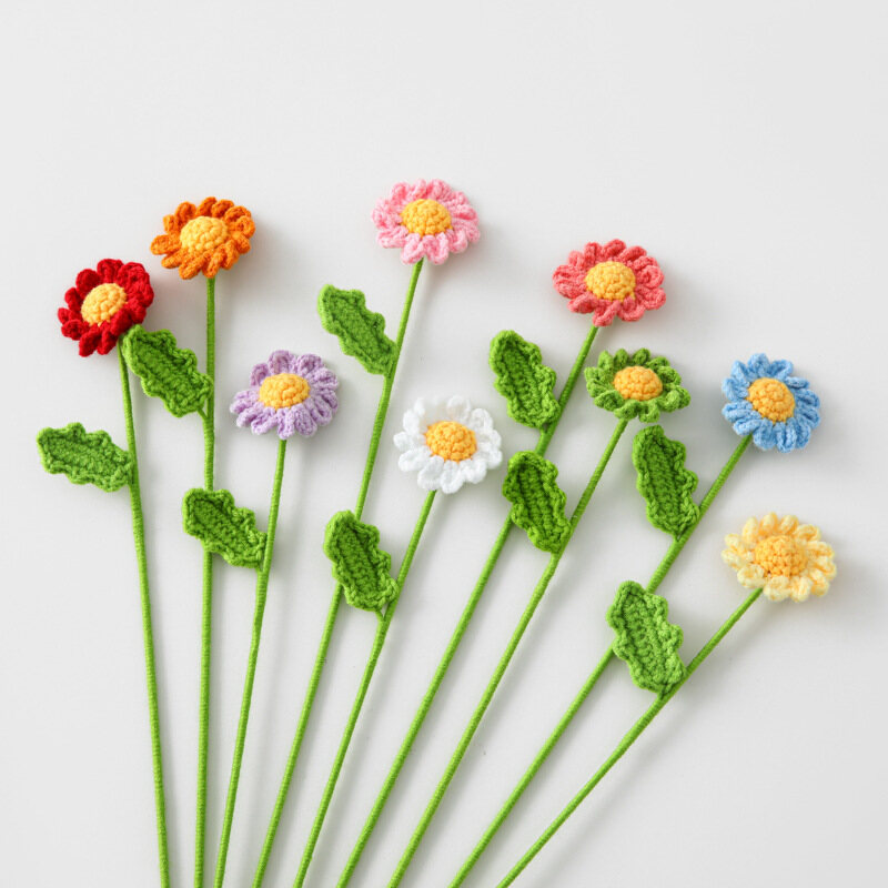 Handmade Crochet Little Daisy Flower, Knitted Yarn Artificial Single Stem Daisy with Leaves, Forever view 3
