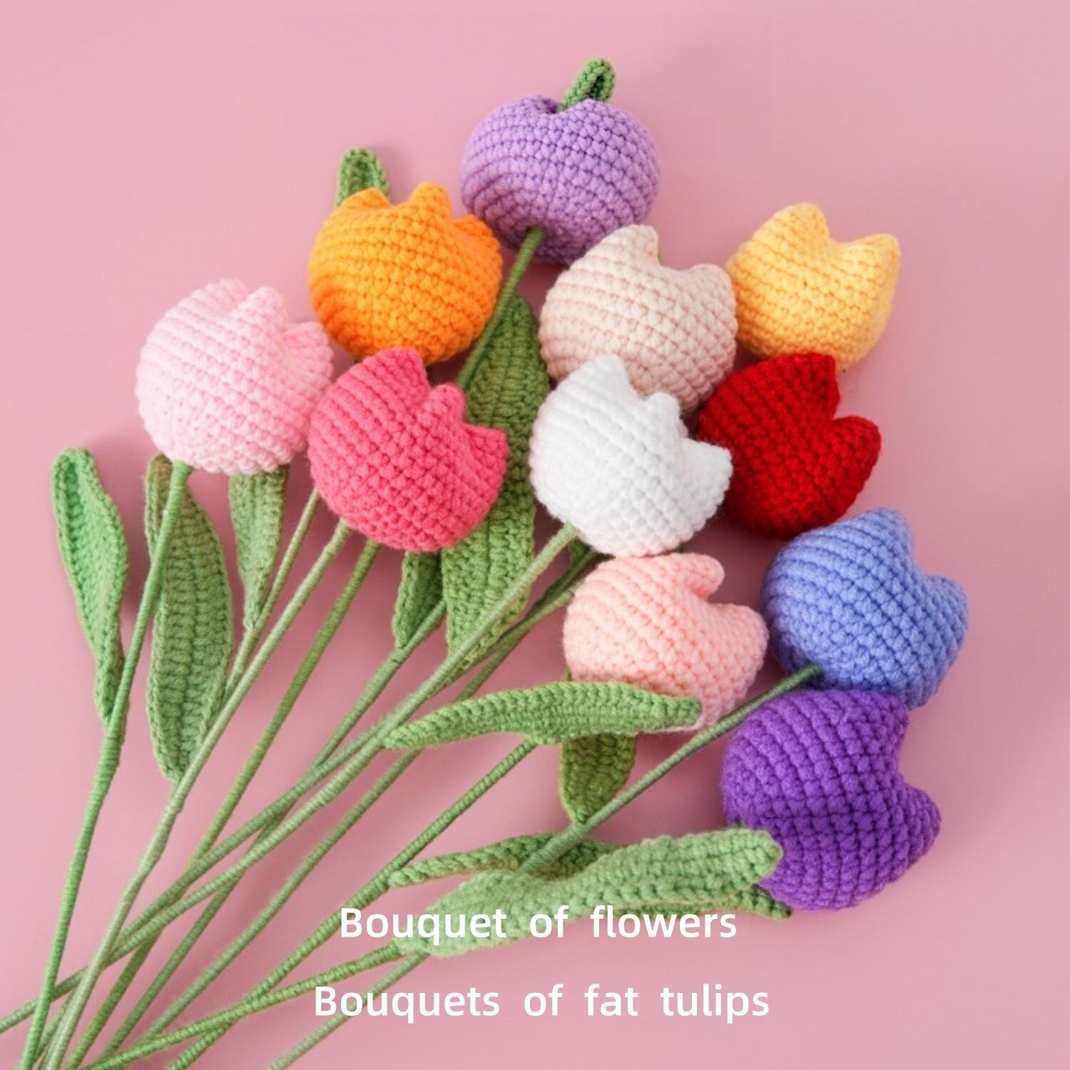 Handmade Crochet Fat Tulip Flower, Knitted Yarn Chubby Tulip Single Stem with Leaves, Forever Fake F