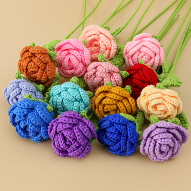 Colorful Hand Knitted Crochet Rose, Handmade Yarn Artificial Rose Flower Stem with Crochet Leaves, F