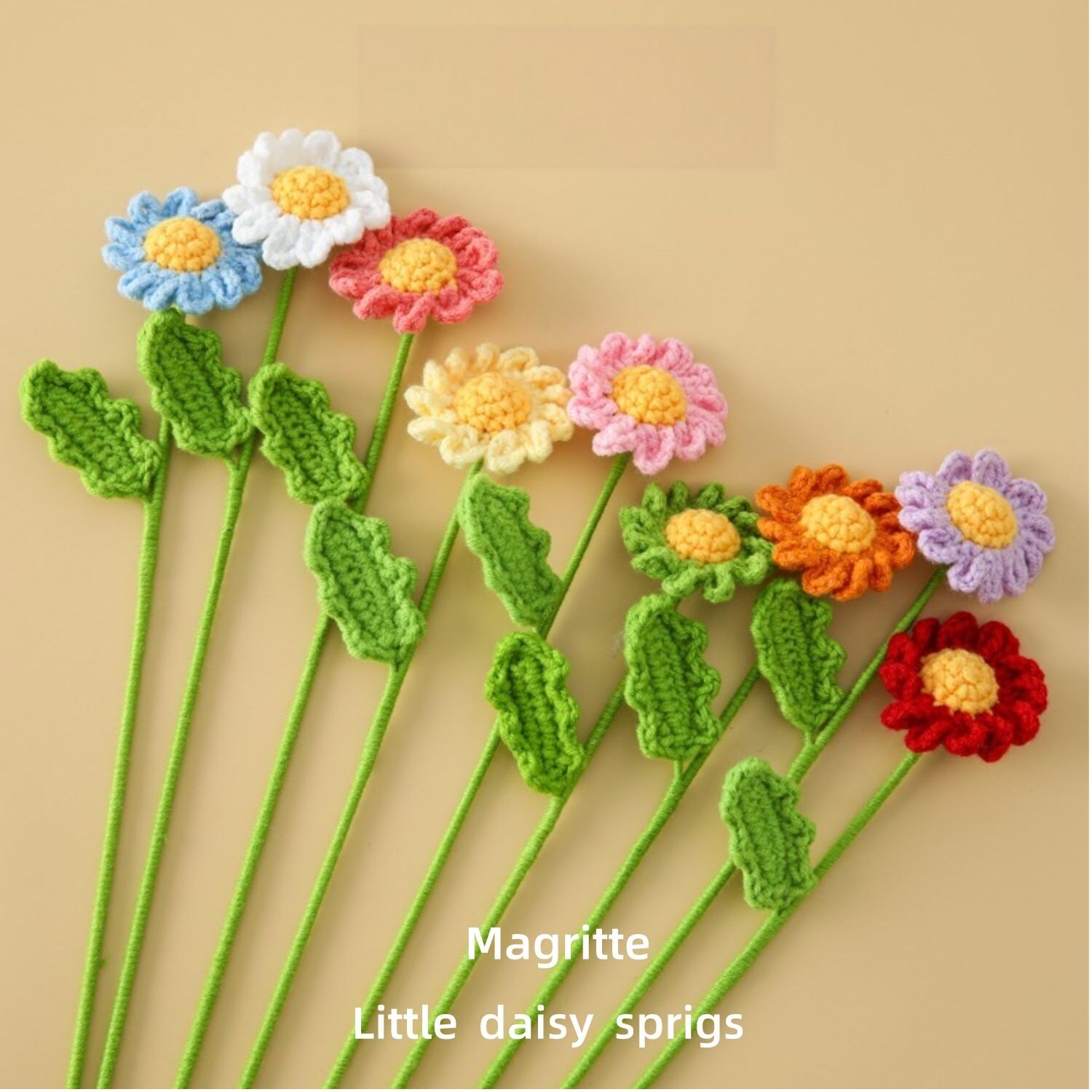 Handmade Crochet Little Daisy Flower, Knitted Yarn Artificial Single Stem Daisy with Leaves, Forever