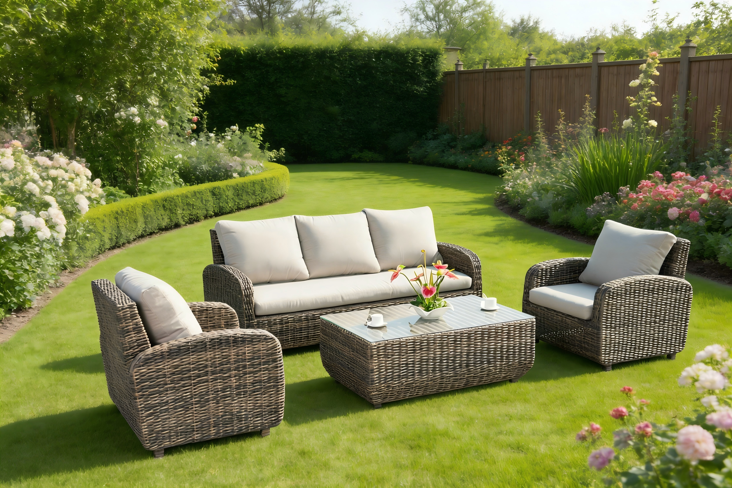 Half Round Weave 4pc 3-Seat Rattan Sofa set
