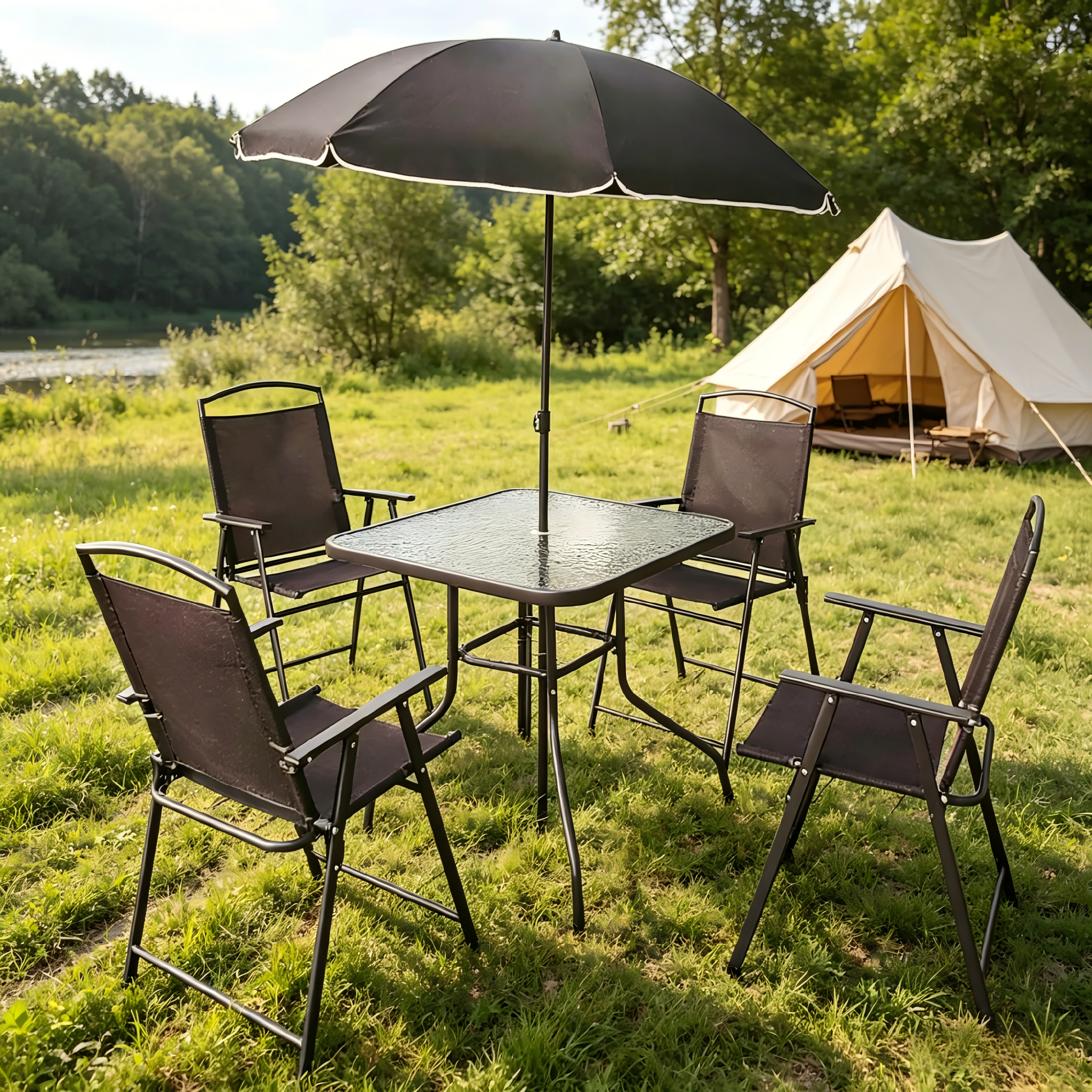 4 Seat Textilene Dining Set with Parasol