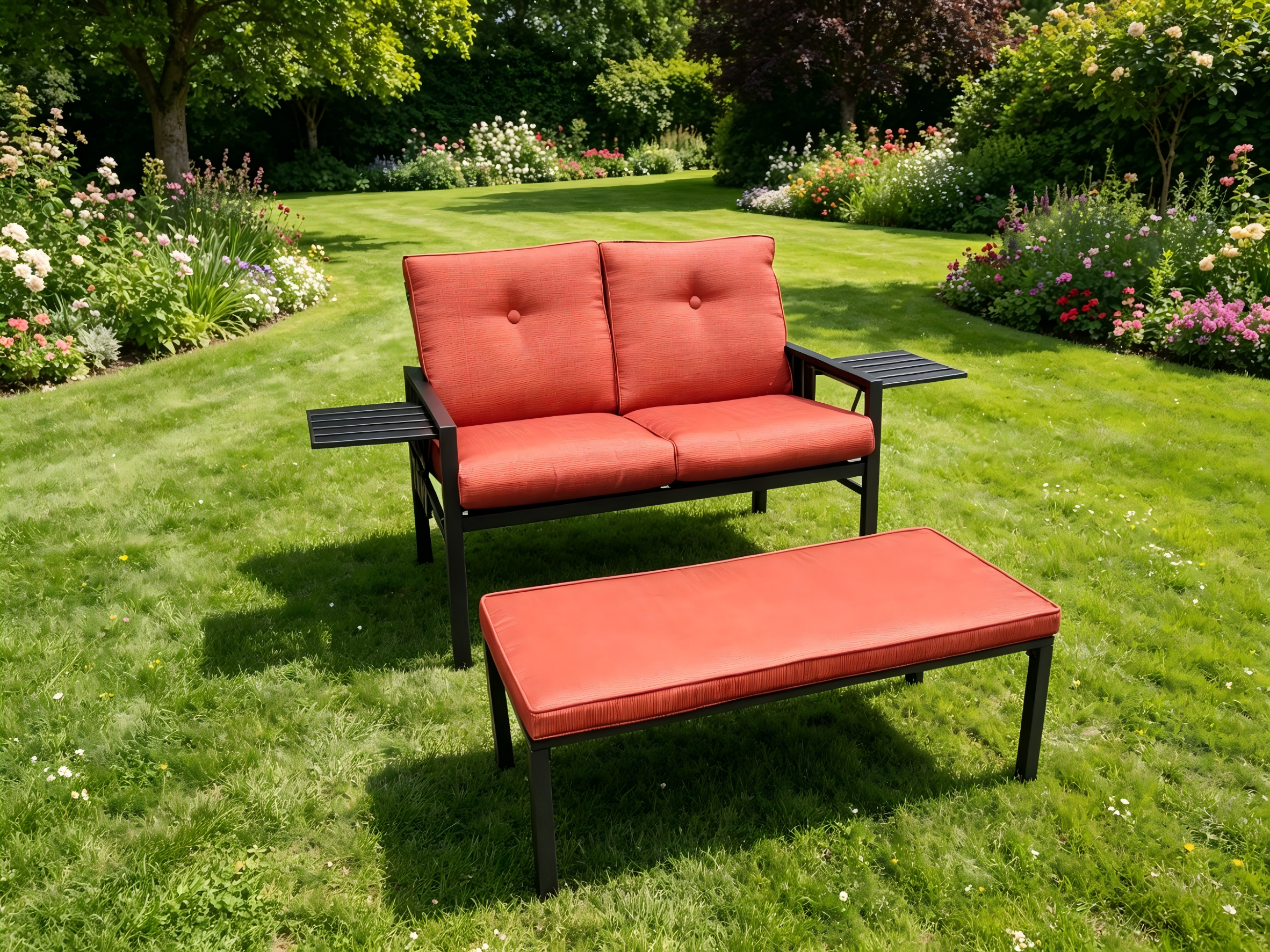 Two Seater Adjustable Slats Cushion Bench with footrest