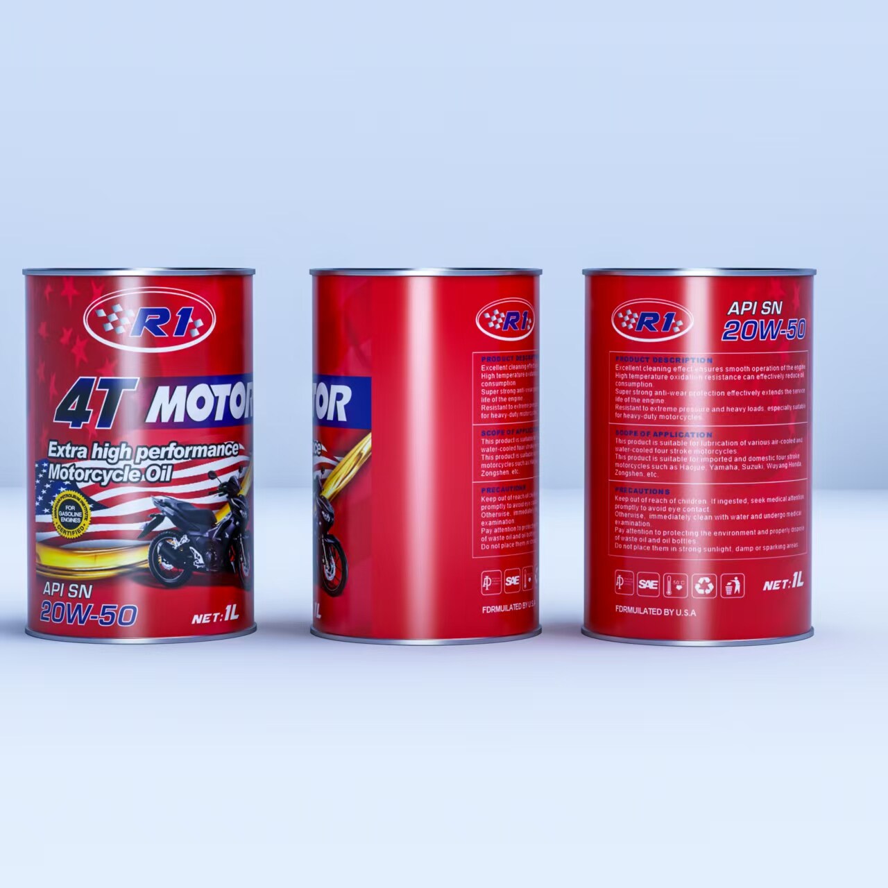 R1 4T MOTOR Extra High Performance 20W-50 API SN Motorcycle Oil (1L Tin Can)  US$1.55/pc