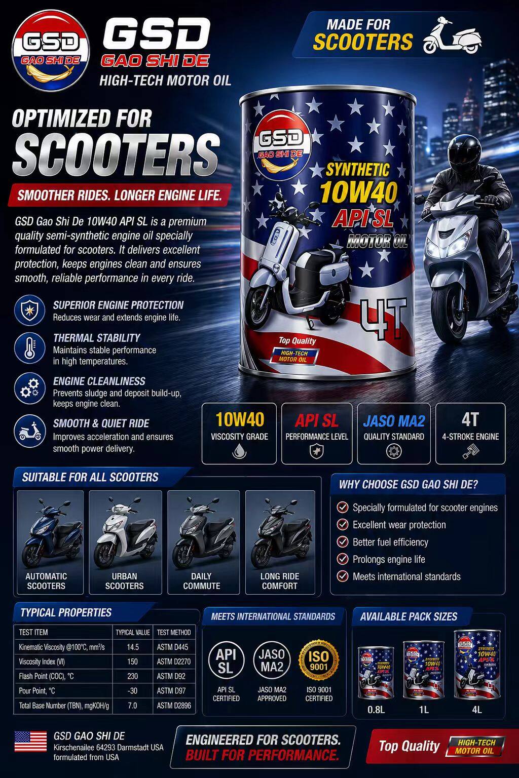 GSD Gao Shi De Synthetic 10W40 API SL JASO MA2 Scooter Motor Oil US$1.18/pc