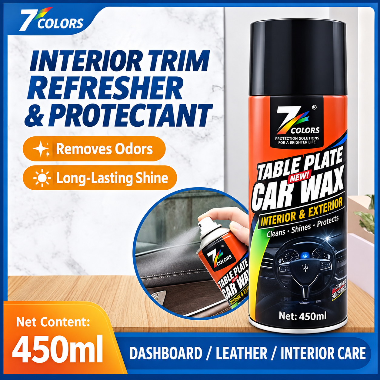 7 COLORS 450ml Interior Trim Refresher & Protectant Table Plate Car Wax Spray US$0.56/pc