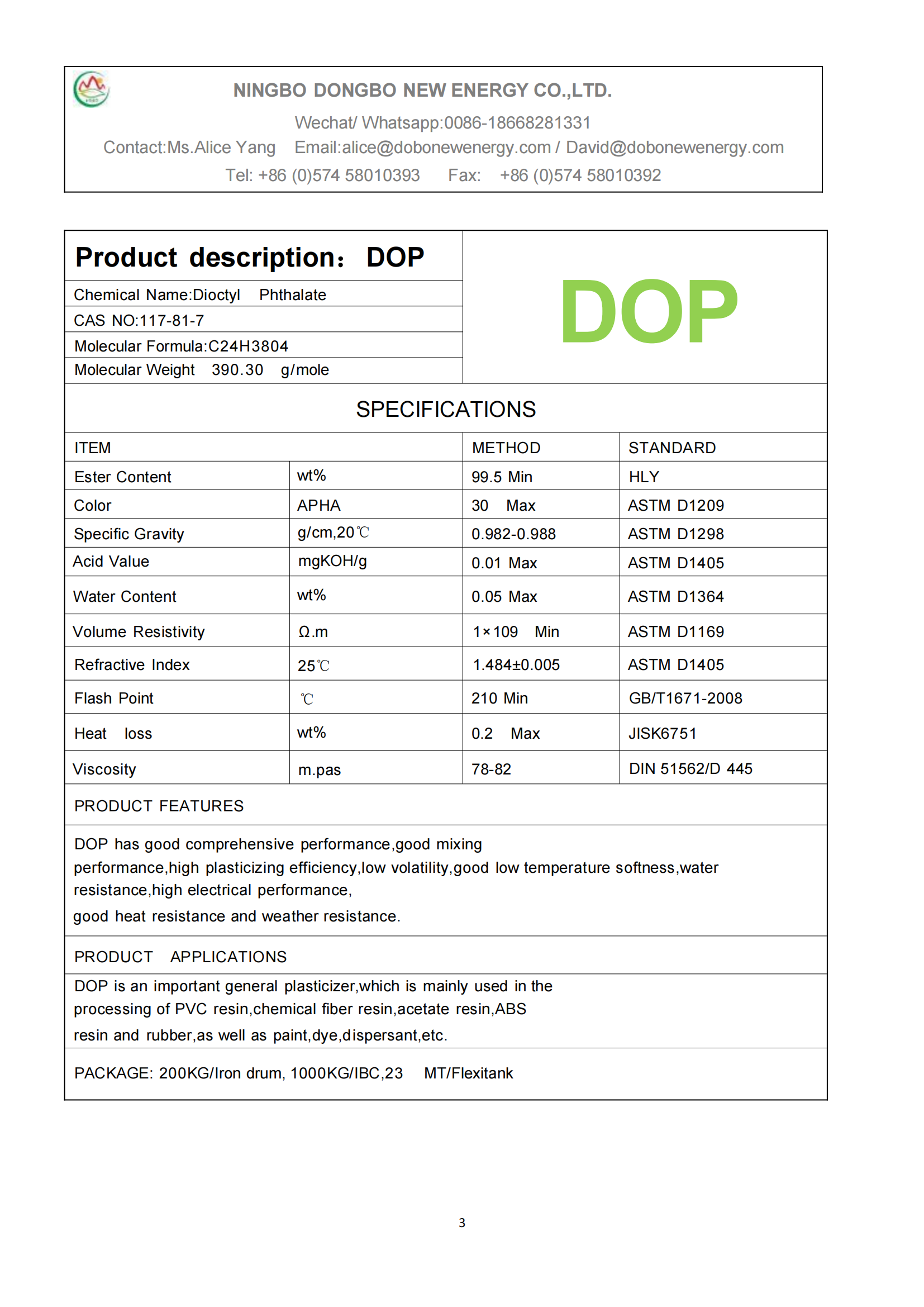 DOP Dioctyl Phthalate Technical Specifications Table - Chemical Properties and Test Standards