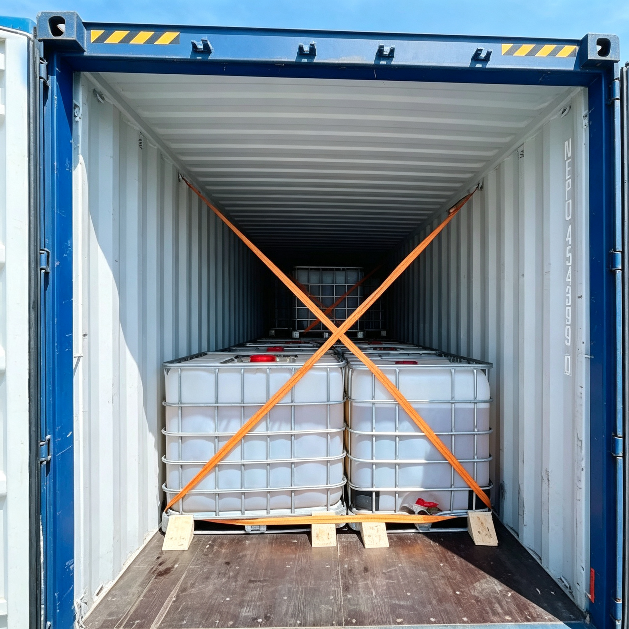 DINP chemical IBC containers secured in shipping container for export