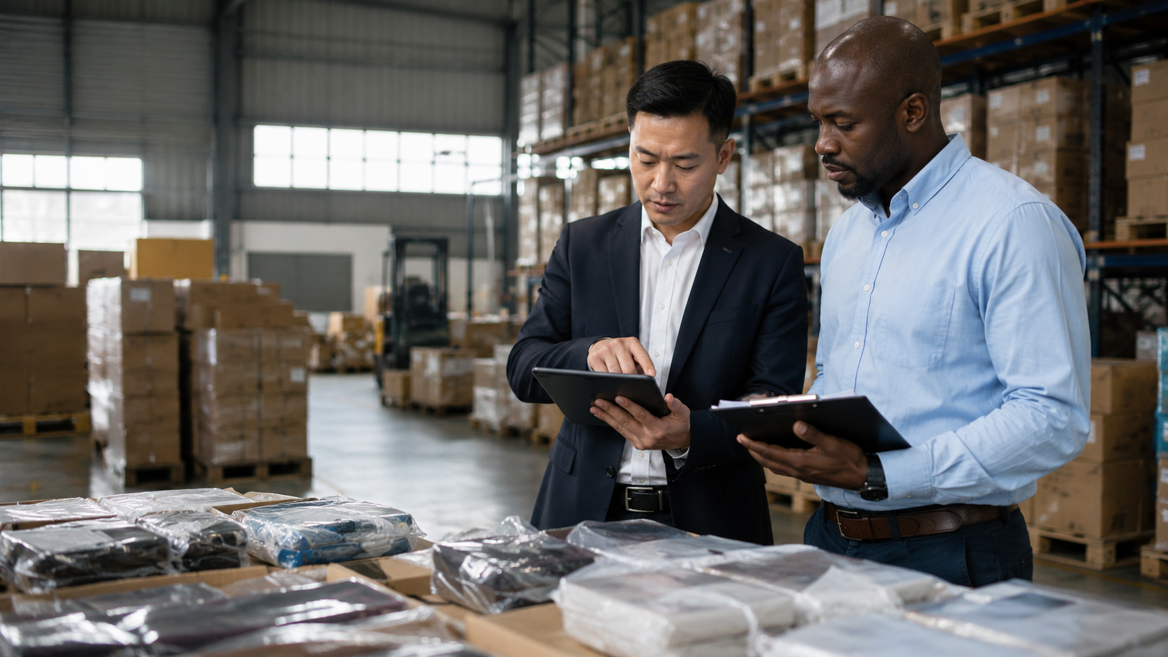 Professional worker inspecting products in Chinese warehouse