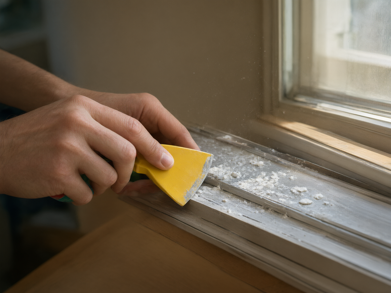 Janitor removes cement spots from window frames using a plastic scraper.