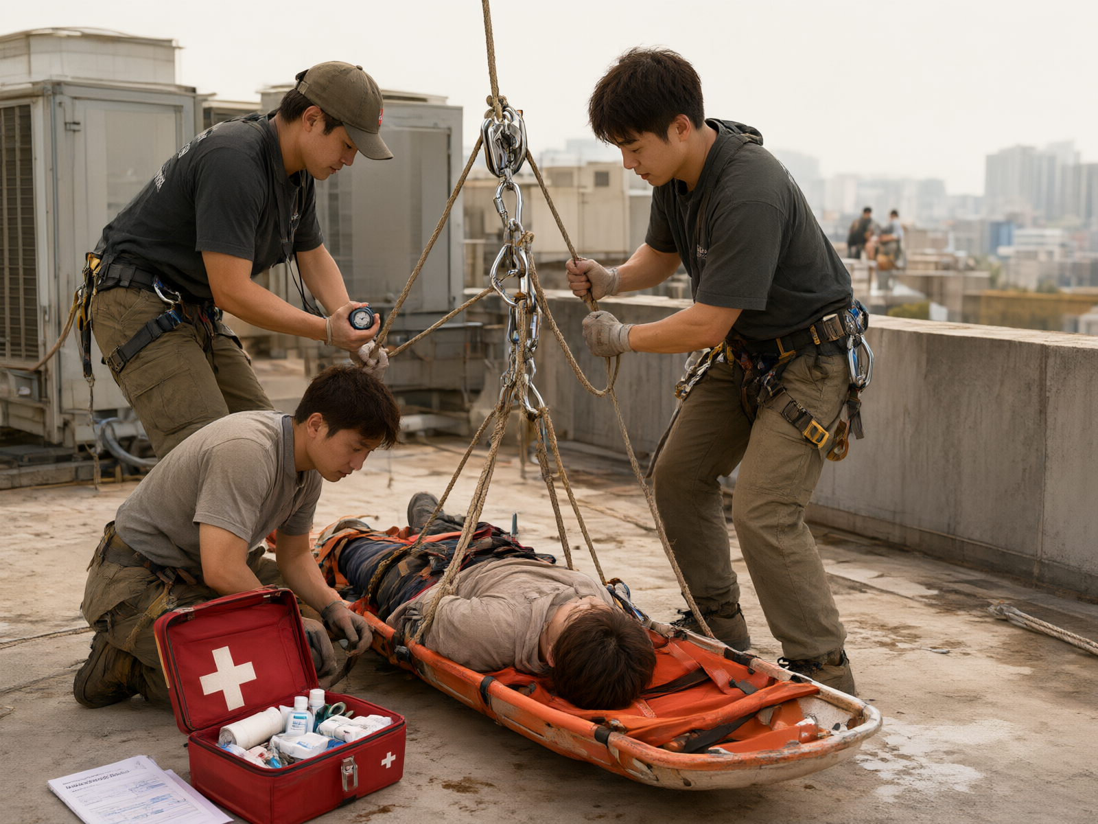 Emergency rescue drill site: workers operate rope rescue equipment; first aid kits and stretchers are ready.