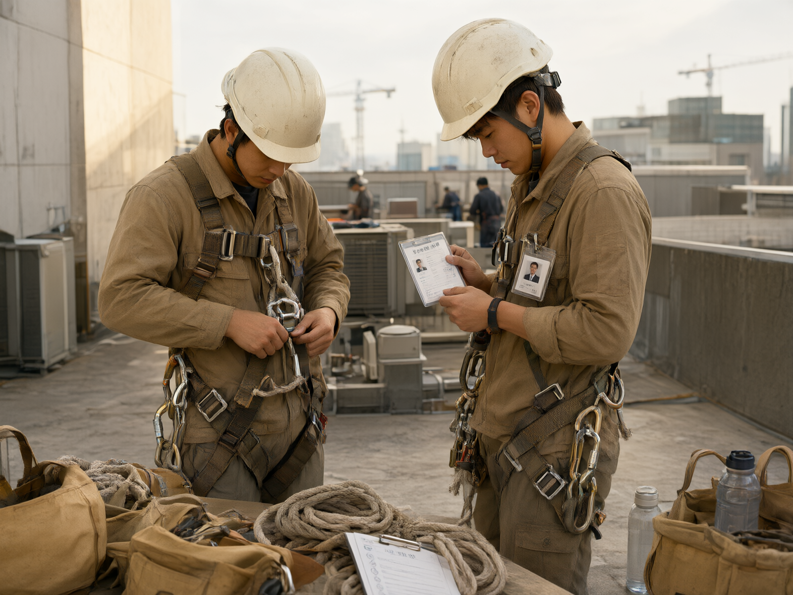Workers on the rooftop wearing safety harnesses, checking hard hats and identification documents, preparing for high-altitude work.