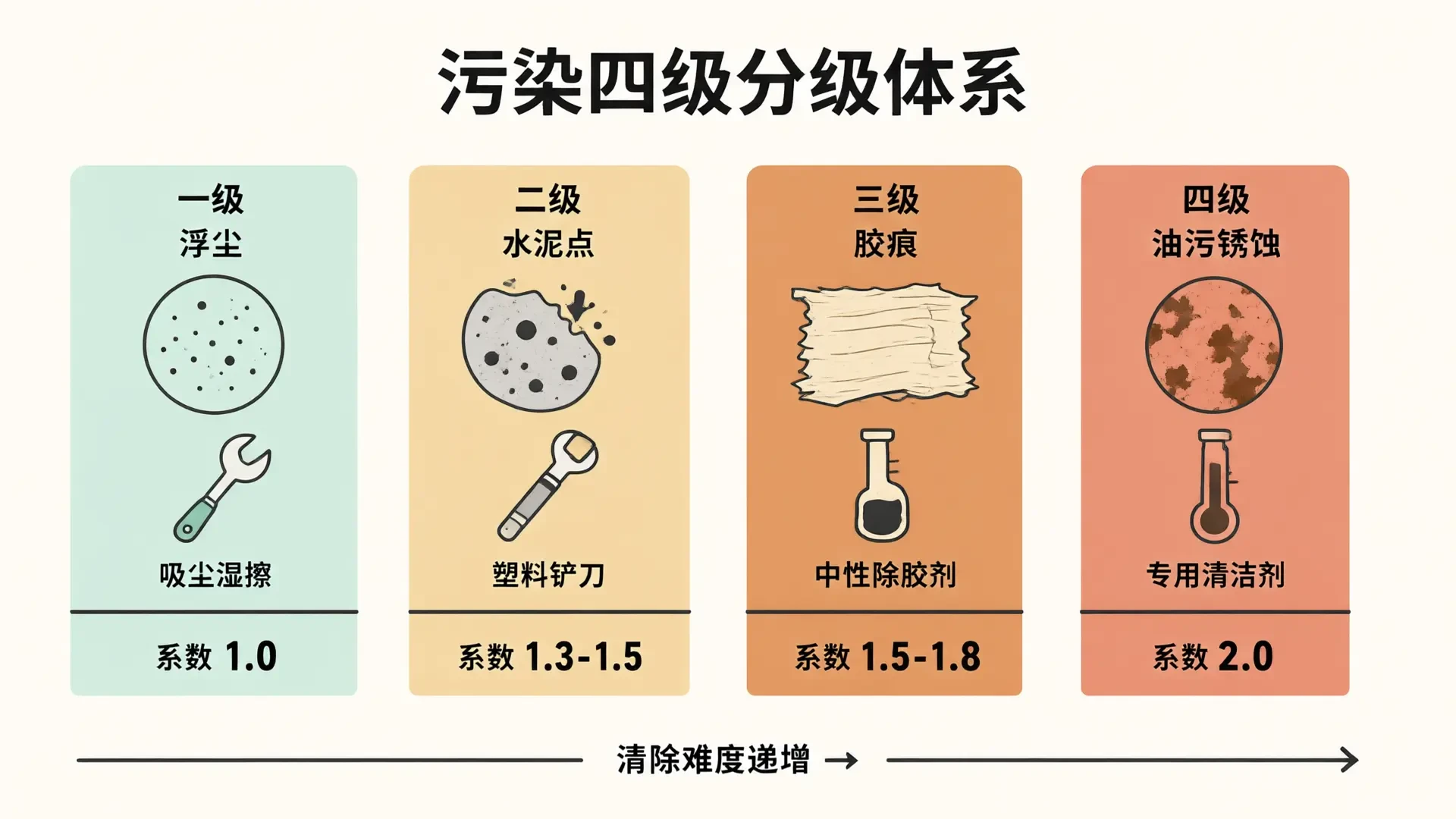 Pollution Level 4 Classification: Cleaning Difficulty and Labor Coefficients for Dust, Cement Spots, Adhesive Marks, and Oil/Rust Stains