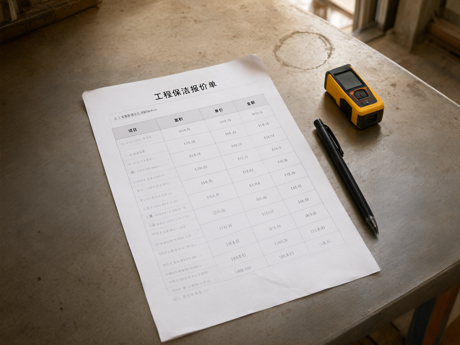 Engineering cleaning written quotation and laser distance measurer placed on the workbench