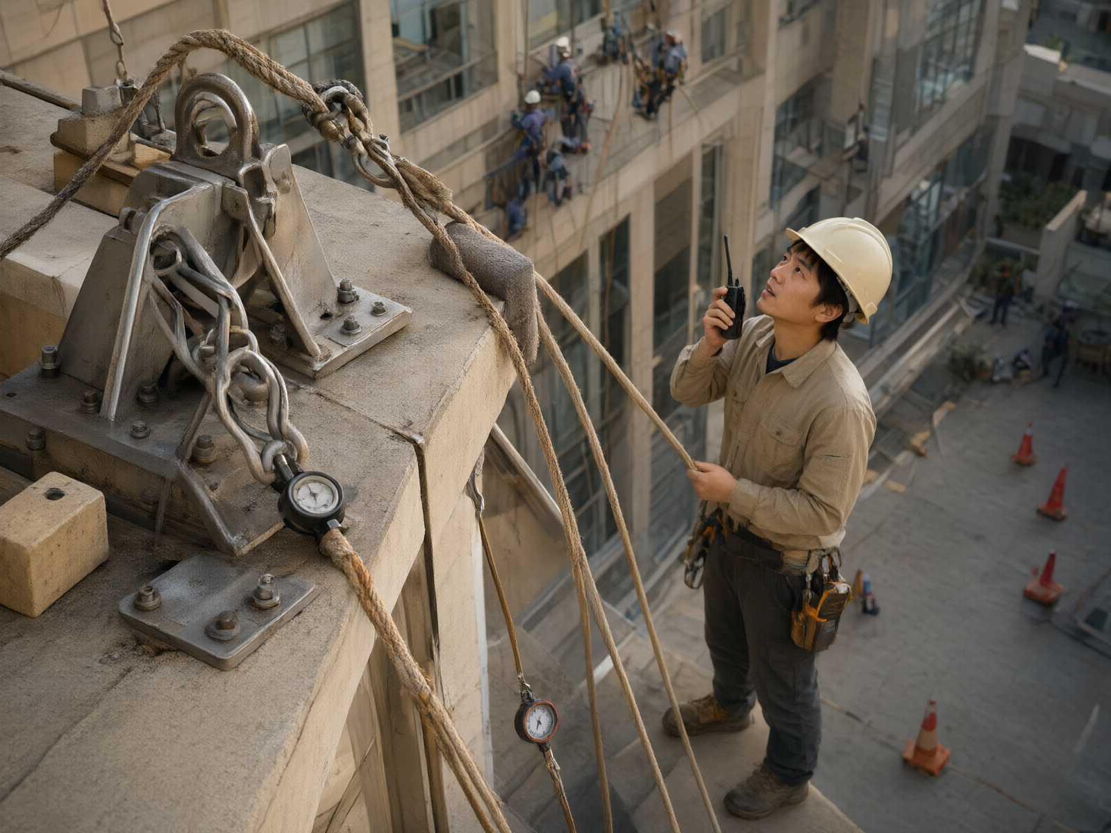 Anchor point installed on the roof, rope extending downward, ground safety officer monitoring overhead work.
