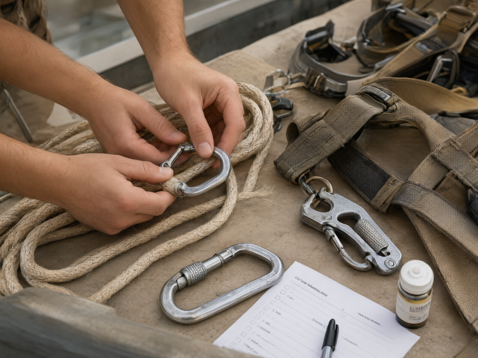 Safety ropes, harnesses, metal buckles, and other core equipment are neatly arranged while a person inspects them.