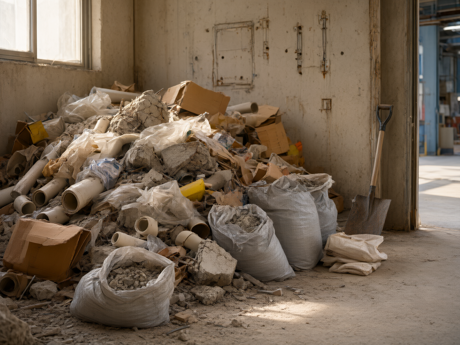 Construction debris piled up at the factory renovation site — concrete blocks, pipes, plastic film, and woven bags.