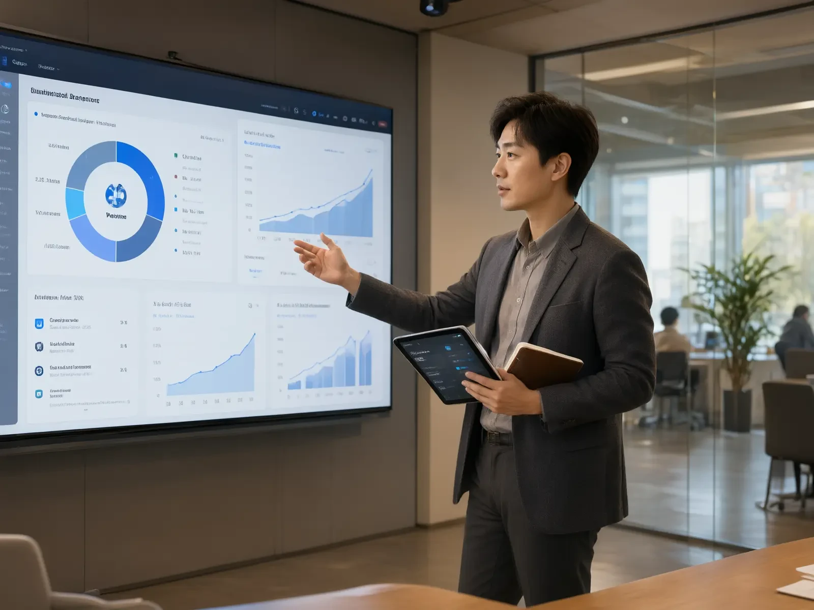 Business professional reviewing an analytics dashboard on a large display, showcasing multi-channel traffic sources.