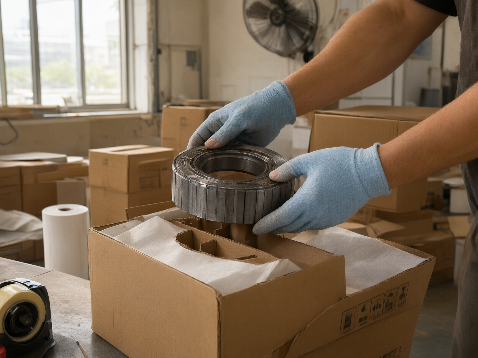 Workers place stator and rotor cores into custom separators for moisture-proof packaging. Natural light fills the factory's packing area.