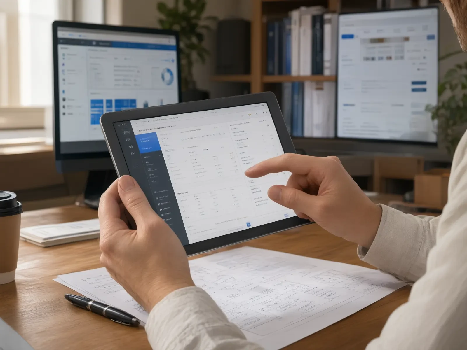 Dual-hand tablet displays structured data, with the background screen showing the platform interface.
