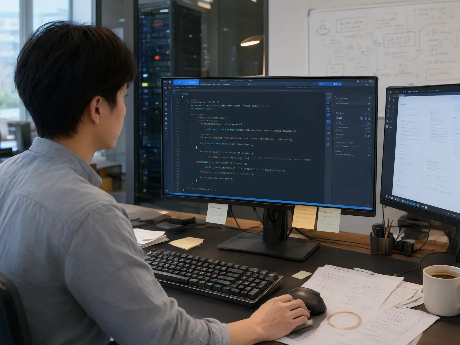 A developer reviews structured data code in the development workspace, with JSON-LD markup displayed on the screen.