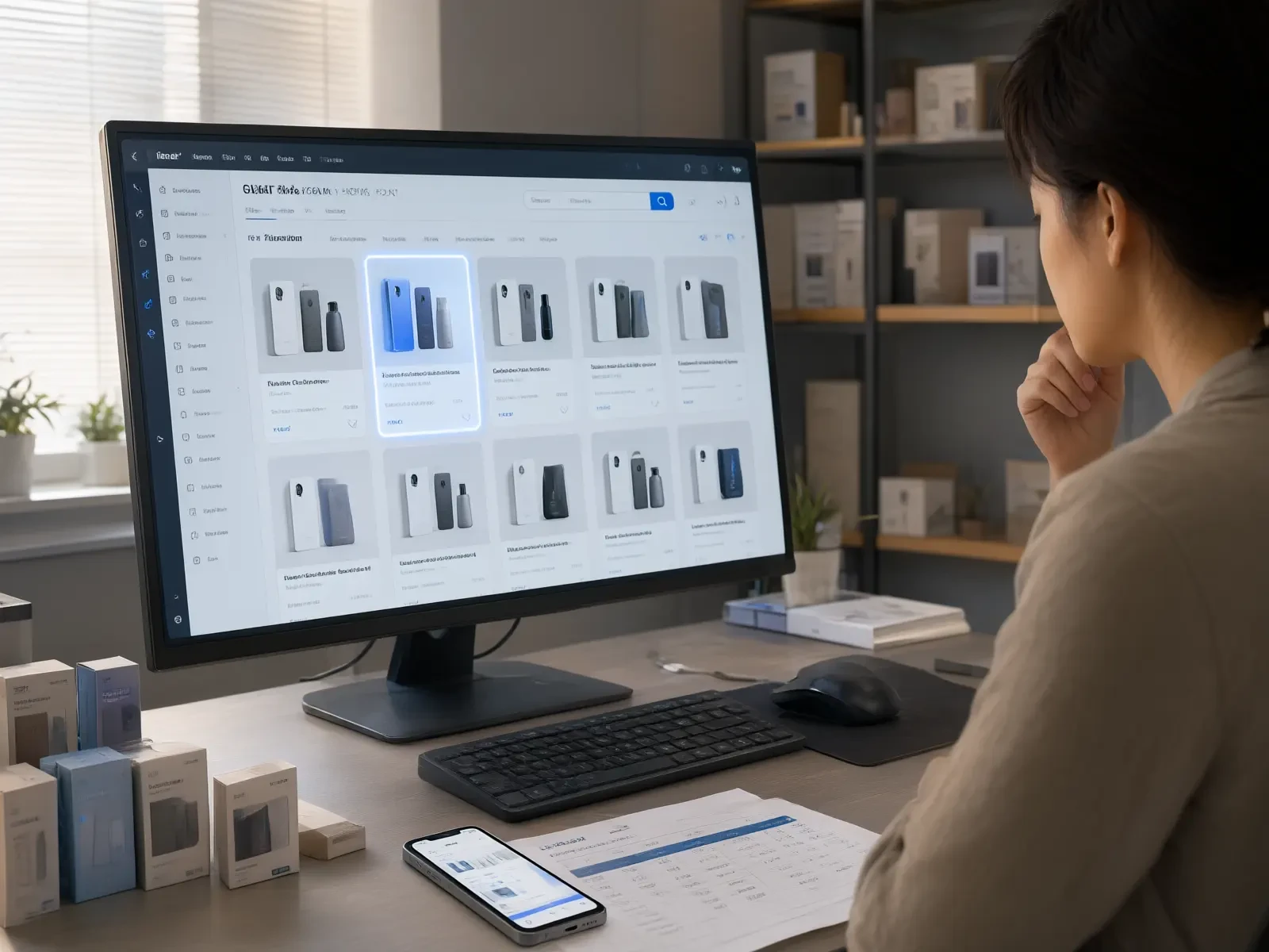 Merchants view the product list in the digital marketplace; one product among multiple competitors gains attention.