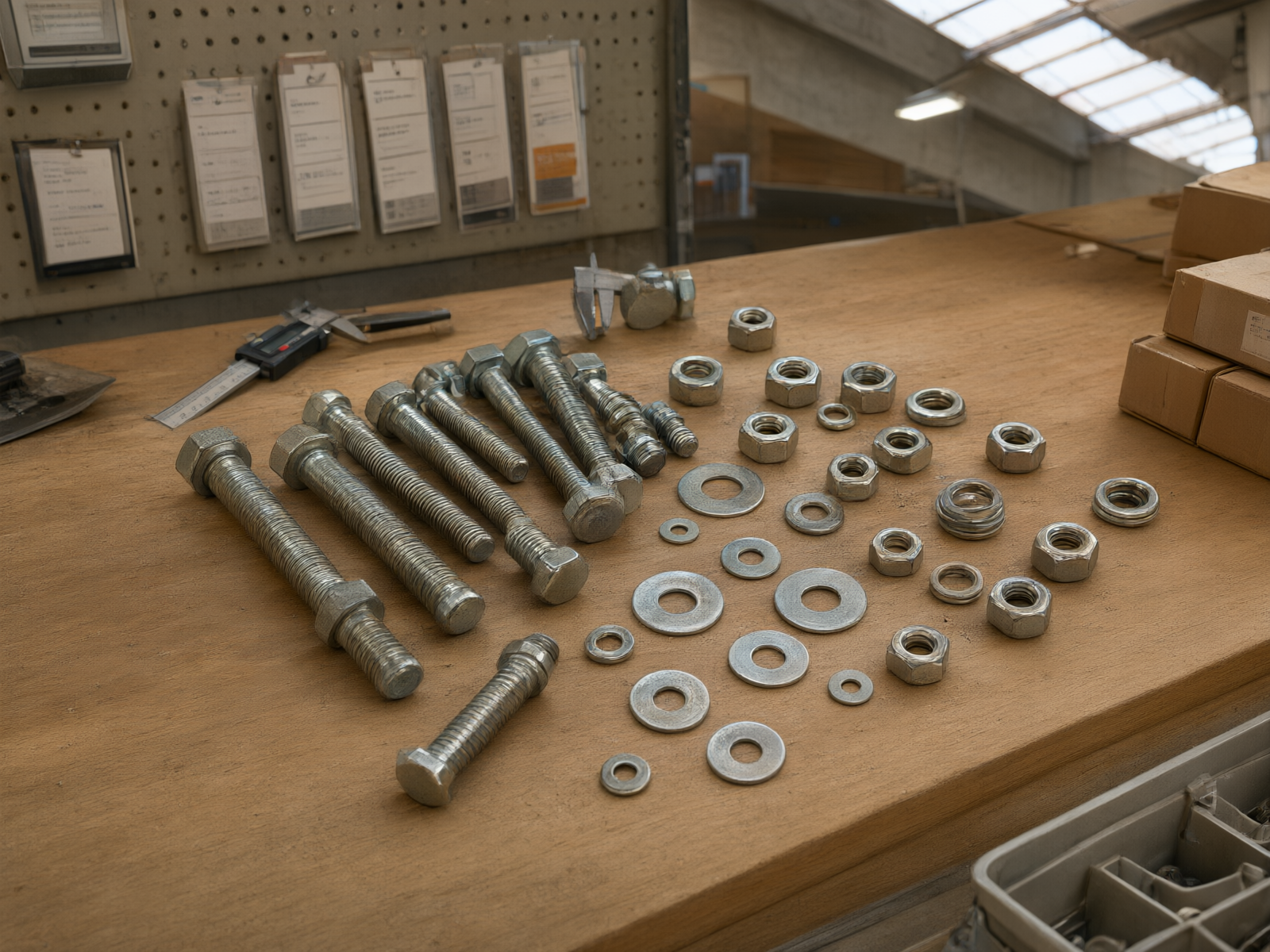 Neatly arranged standard fasteners on a wooden workbench, reflecting a soft metallic sheen under natural light.