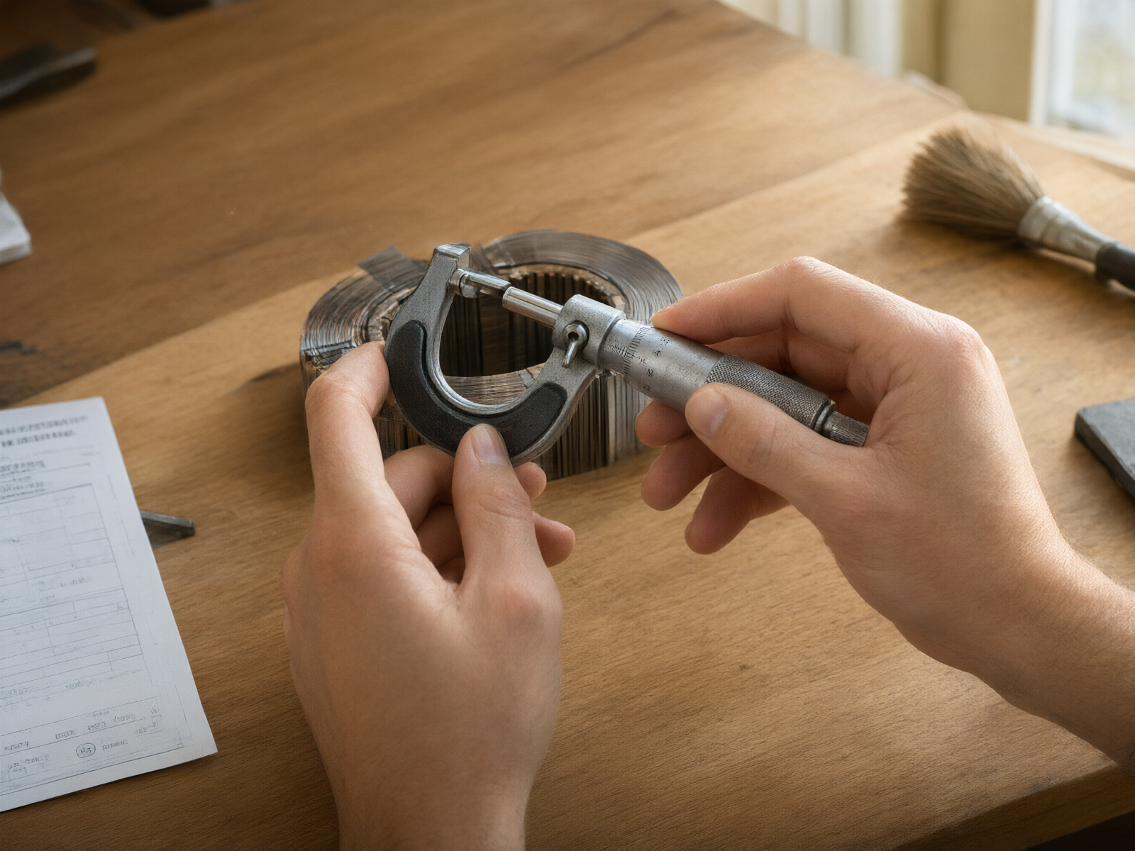 Quality inspection scenario: measuring the stacked thickness of a core using a micrometer with hand-held operation.