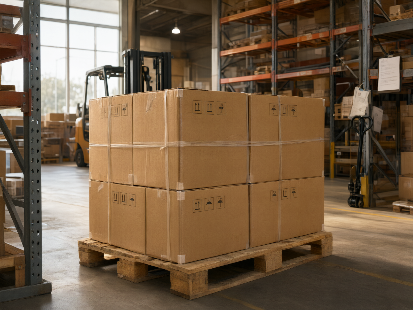 The warehouse shipping area: stator and rotor cores, along with fasteners, are neatly stacked on pallets in their packaging boxes, ready for unified shipment.
