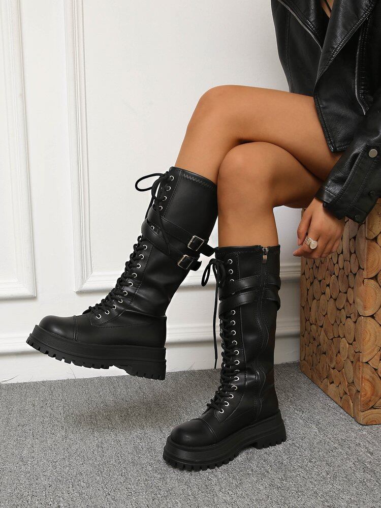 BT027 Front Lace-up Buckle Strap Platform Mid Calf Riding Boots