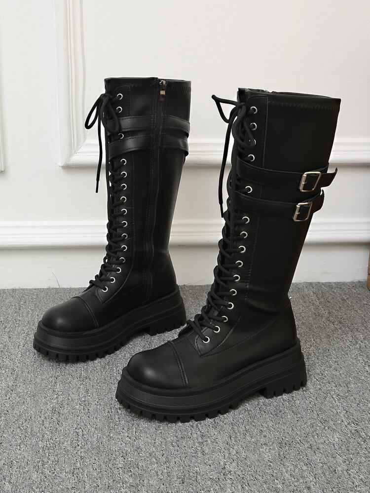 Front Lace-up Buckle Strap Platform Mid Calf Riding Boots view 5