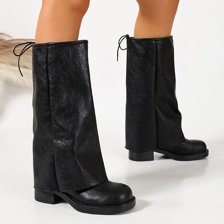 Cuffed Drawstring Mid Calf Fold Over Boots view 5