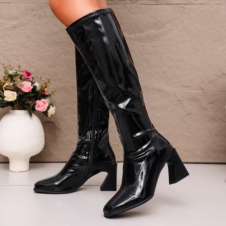 BT026 Glossy Square Toe Knee High Riding Boots