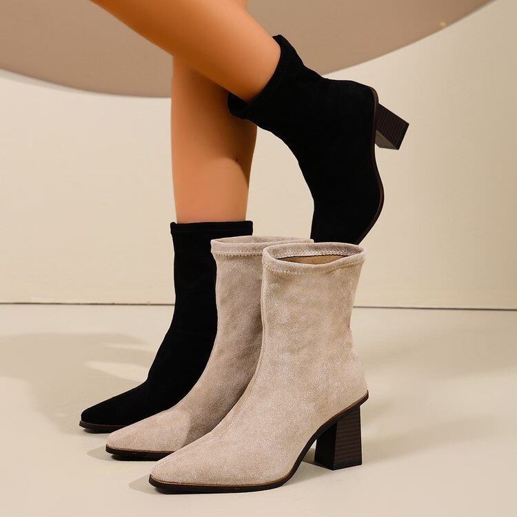 Suede Square Toe Block Heel Ankle Boots