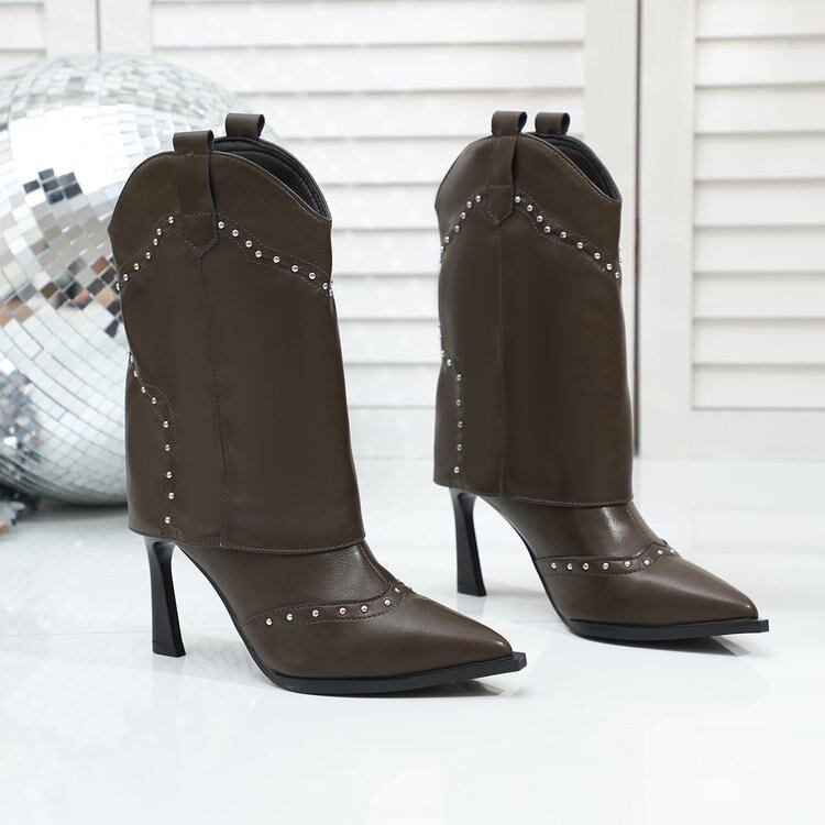Riveted Pointed Toe Stiletto Mid-Calf Western Boots