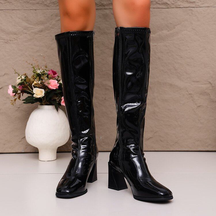 Glossy Square Toe Knee High Riding Boots view 3