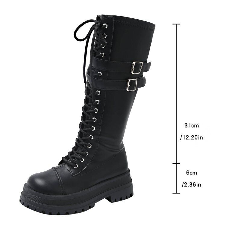 Front Lace-up Buckle Strap Platform Mid Calf Riding Boots view 2