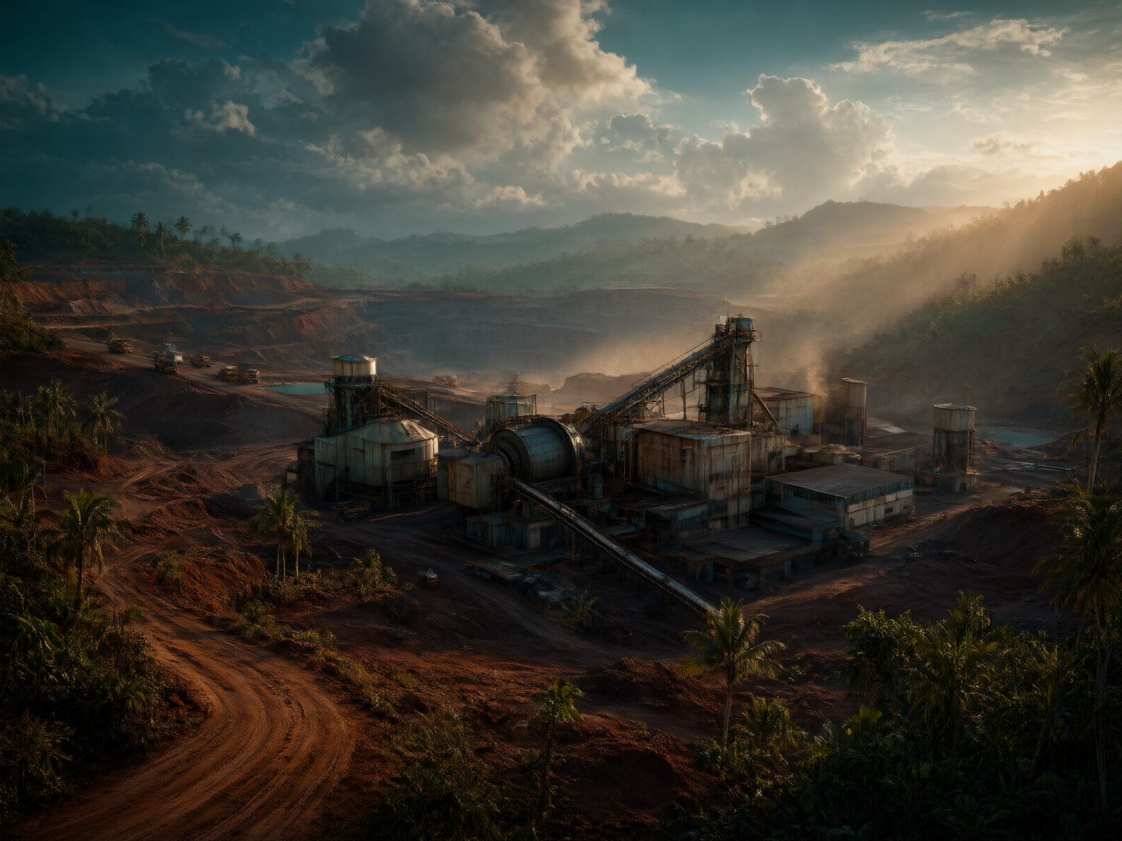 Panoramic view of an Indonesian copper mine processing plant, with the ball mill building located at the center of the mining operation area.
