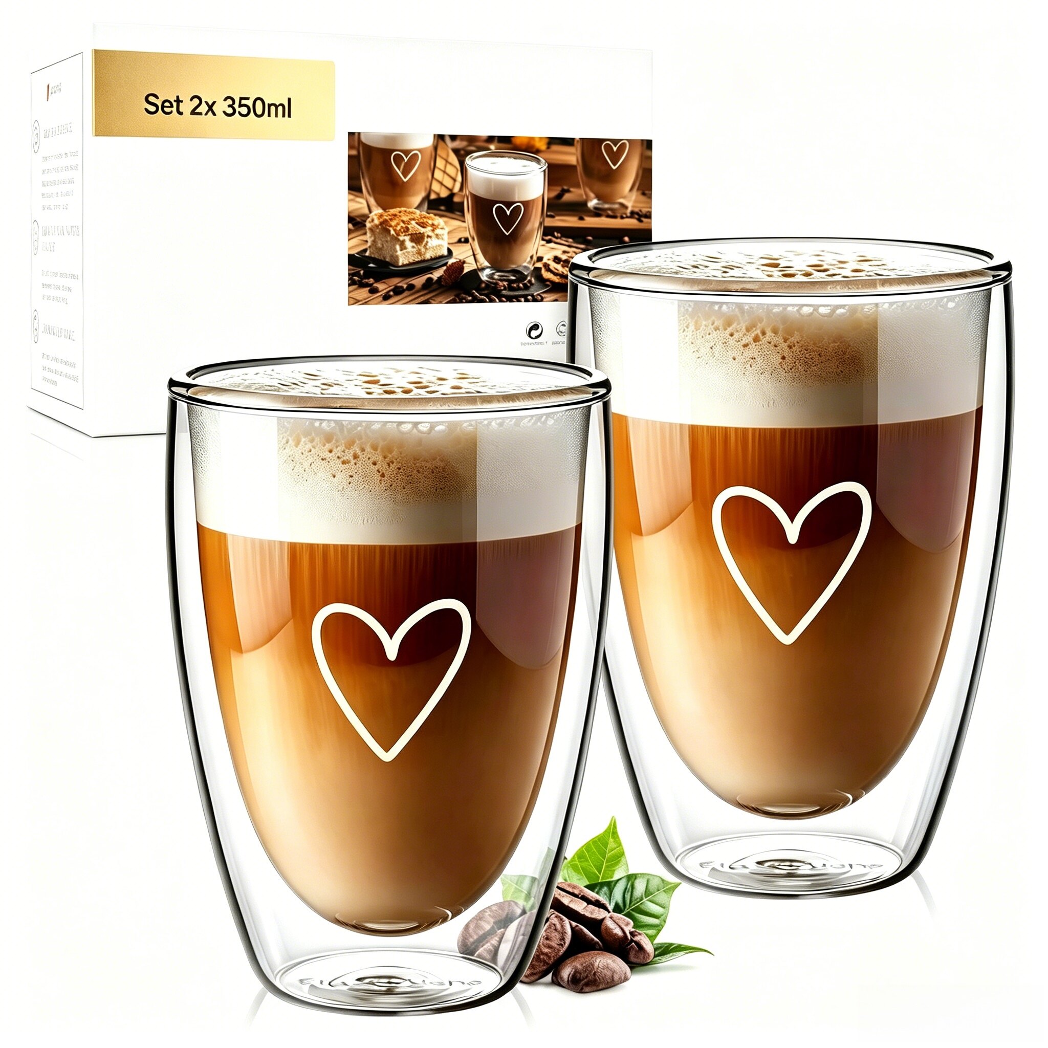 Close-up view of ALYBSOO glass mug showing delicate heart print pattern on transparent double-walled glass